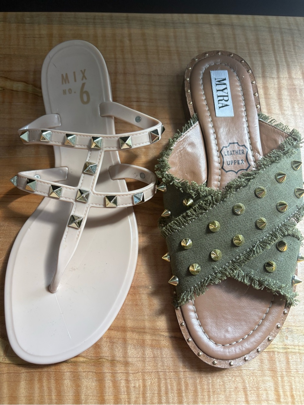 2 pairs of Women’s Sandals Slides Myra Olive Studded & Mix No. 6 Cream Studded 7